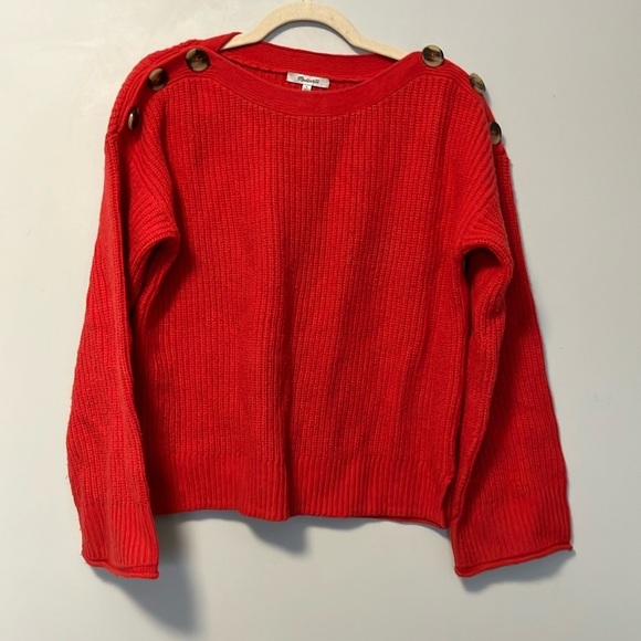 Madewell merino wool blend red ribbed sweater buttons Calloway Boatneck Pullover - Picture 3 of 8